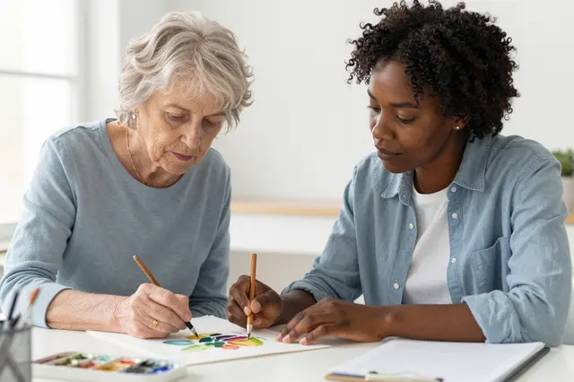 Older woman and younger therapist paint watercolors together at a bright table
