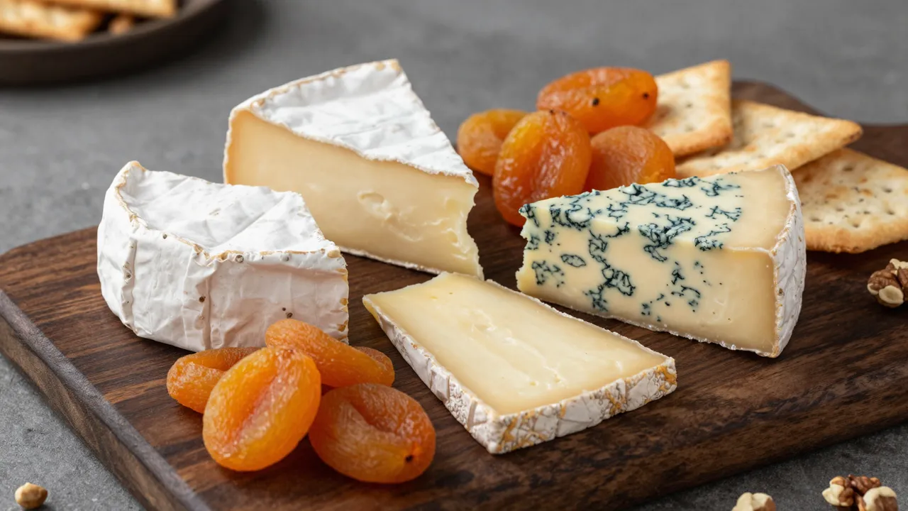 A dark wood cheese board holds assorted cheeses, dried apricots, crackers and walnuts on a gray countertop