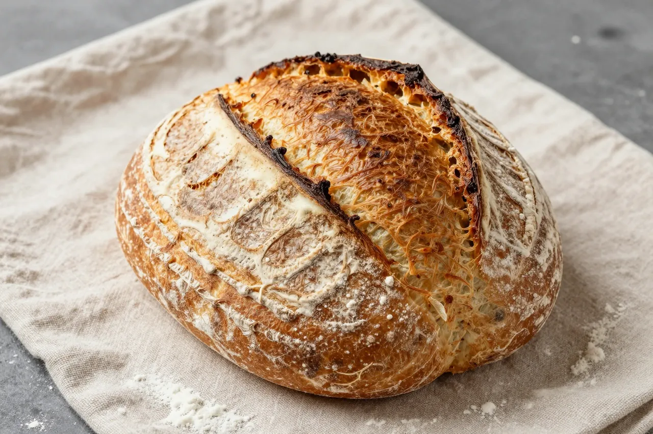 A crusty scored artisan sourdough loaf rests on a linen cloth with scattered flour.