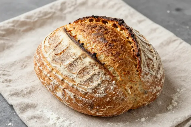 A crusty scored artisan sourdough loaf rests on a linen cloth with scattered flour.