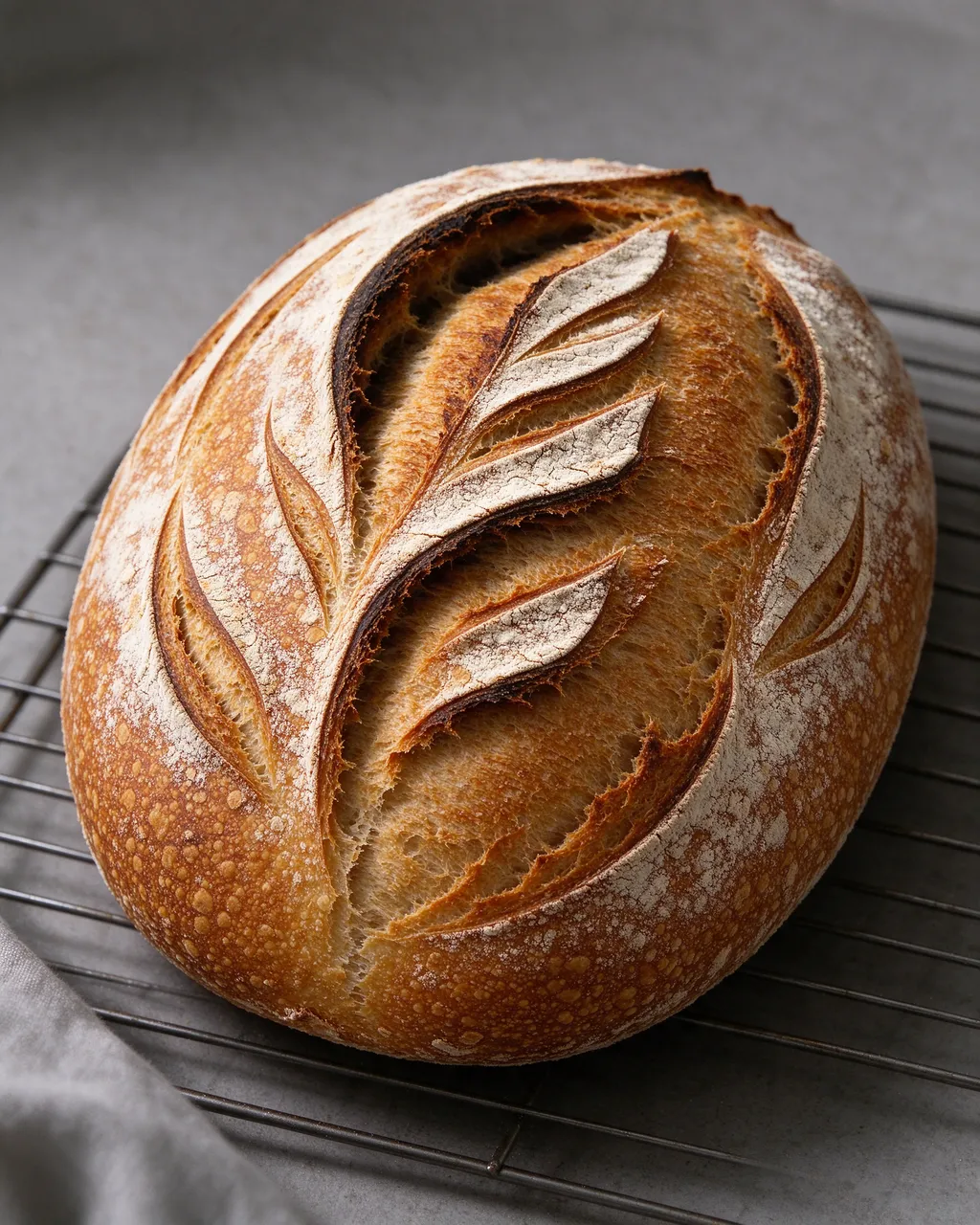 Dusted oval sourdough loaf with decorative leaf scoring rests on a metal cooling rack