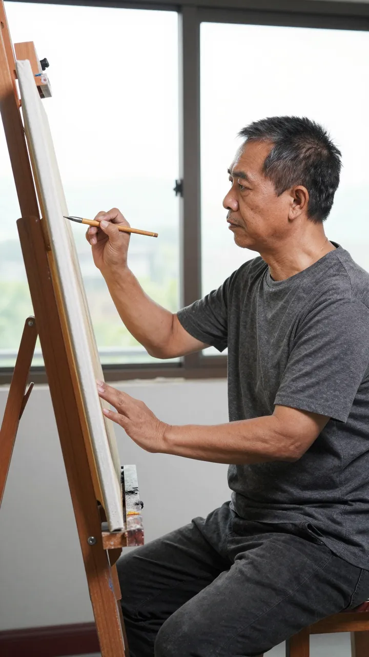 A mature Southeast Asian painter works on a tall canvas at a wooden easel beside a bright window.