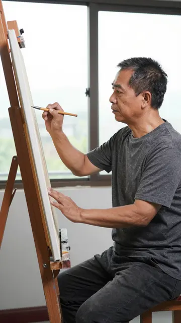 A mature Southeast Asian painter works on a tall canvas at a wooden easel beside a bright window.