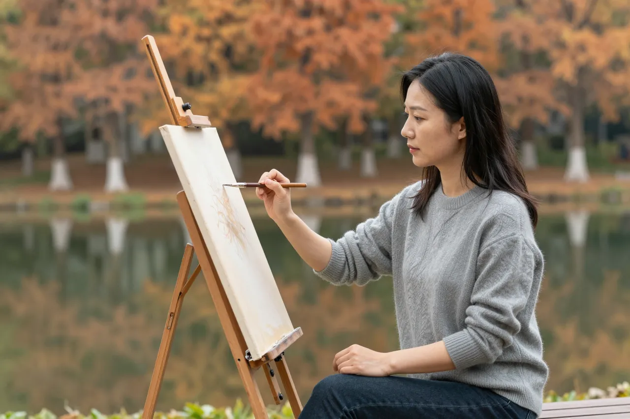 East Asian woman in a gray sweater paints at an easel beside an autumn park pond