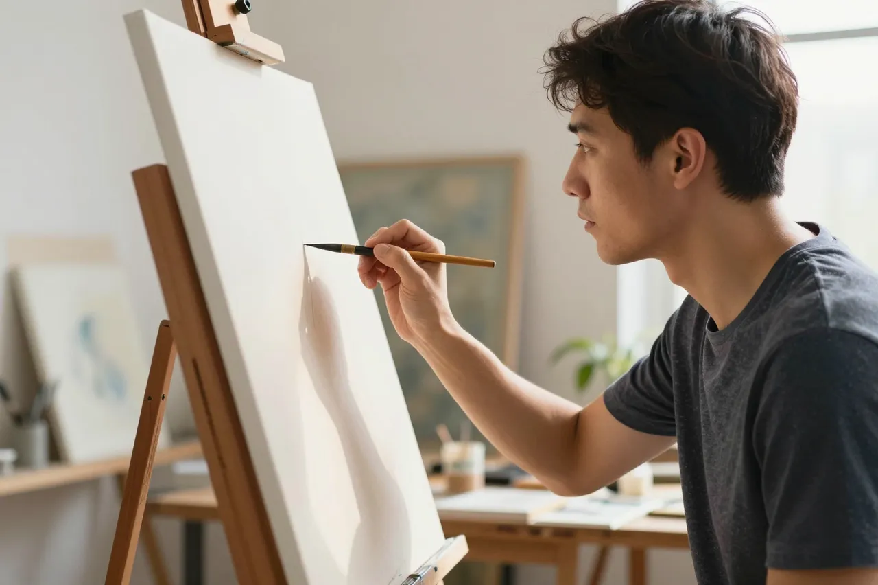 A male artist holds a paintbrush while working on a blank canvas at a wooden easel in a bright studio