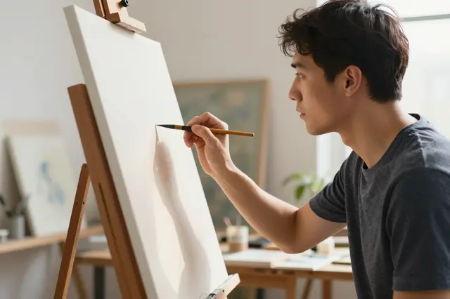 A male artist holds a paintbrush while working on a blank canvas at a wooden easel in a bright studio