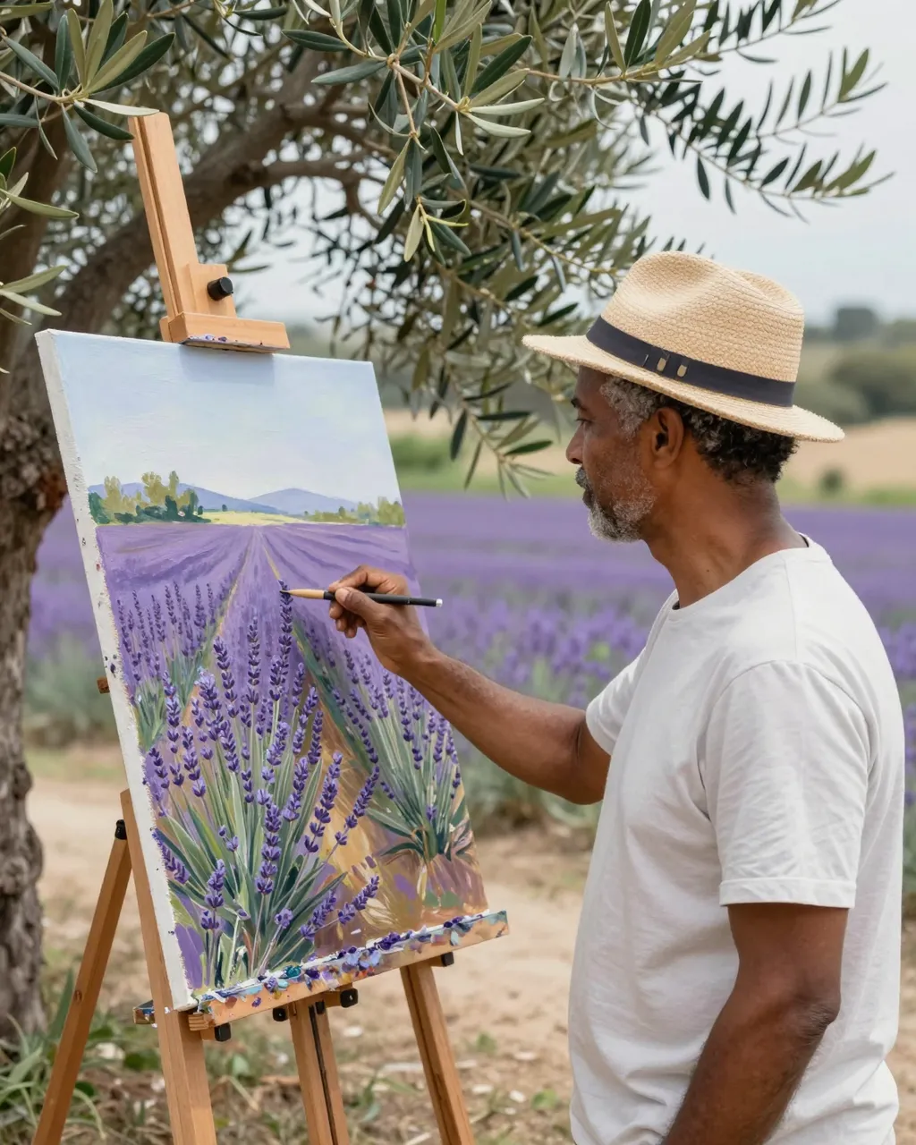A mixed-race man in a straw hat paints a lavender landscape on an easel under an olive tree