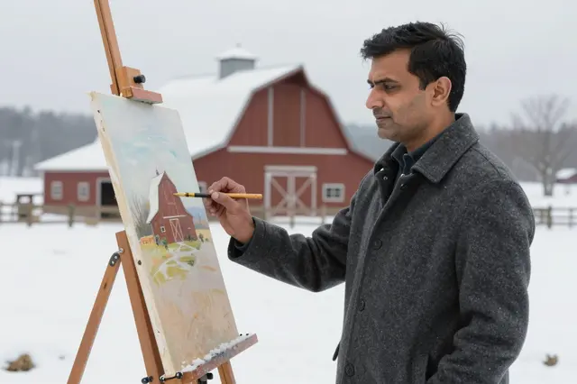 A South Asian man paints a snowy red barn on a canvas set on an easel in a wintry field