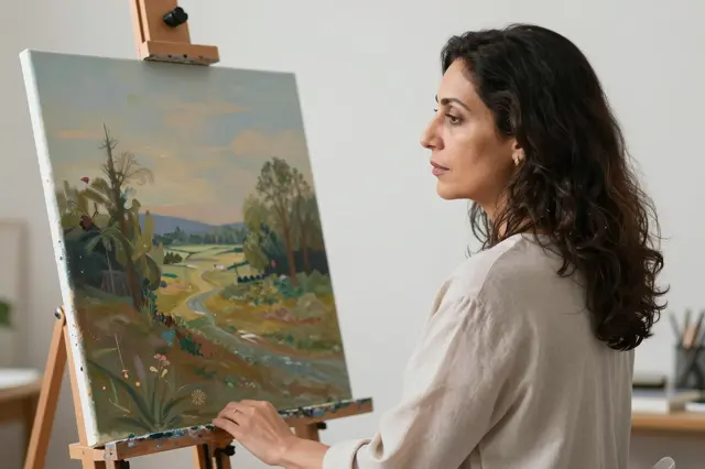 Middle Eastern woman in her fifties stands thoughtfully looking at a landscape painting on a studio easel