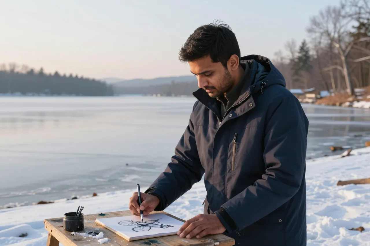 South Asian man in a navy parka sketches on a portable table at the snowy edge of a frozen lake at dawn