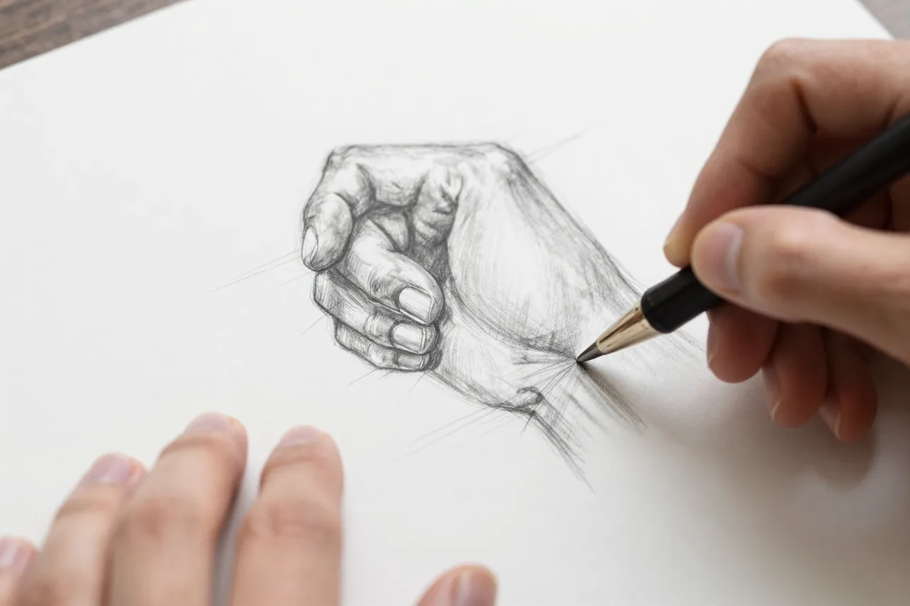 Close-up of an artist's hands drawing a detailed pencil sketch of a hand on white paper