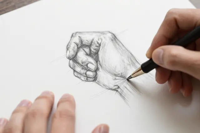 Close-up of an artist's hands drawing a detailed pencil sketch of a hand on white paper