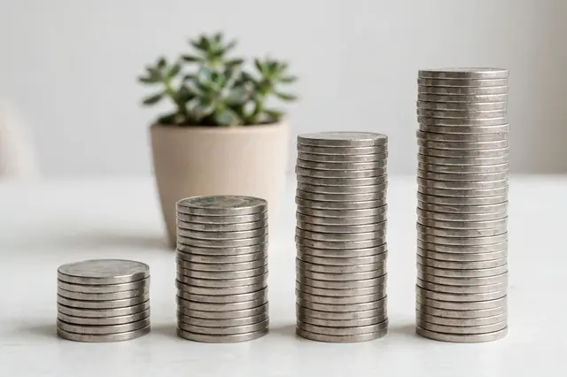Four graduated stacks of silver coins sit on a light table with a small potted succulent behind them.