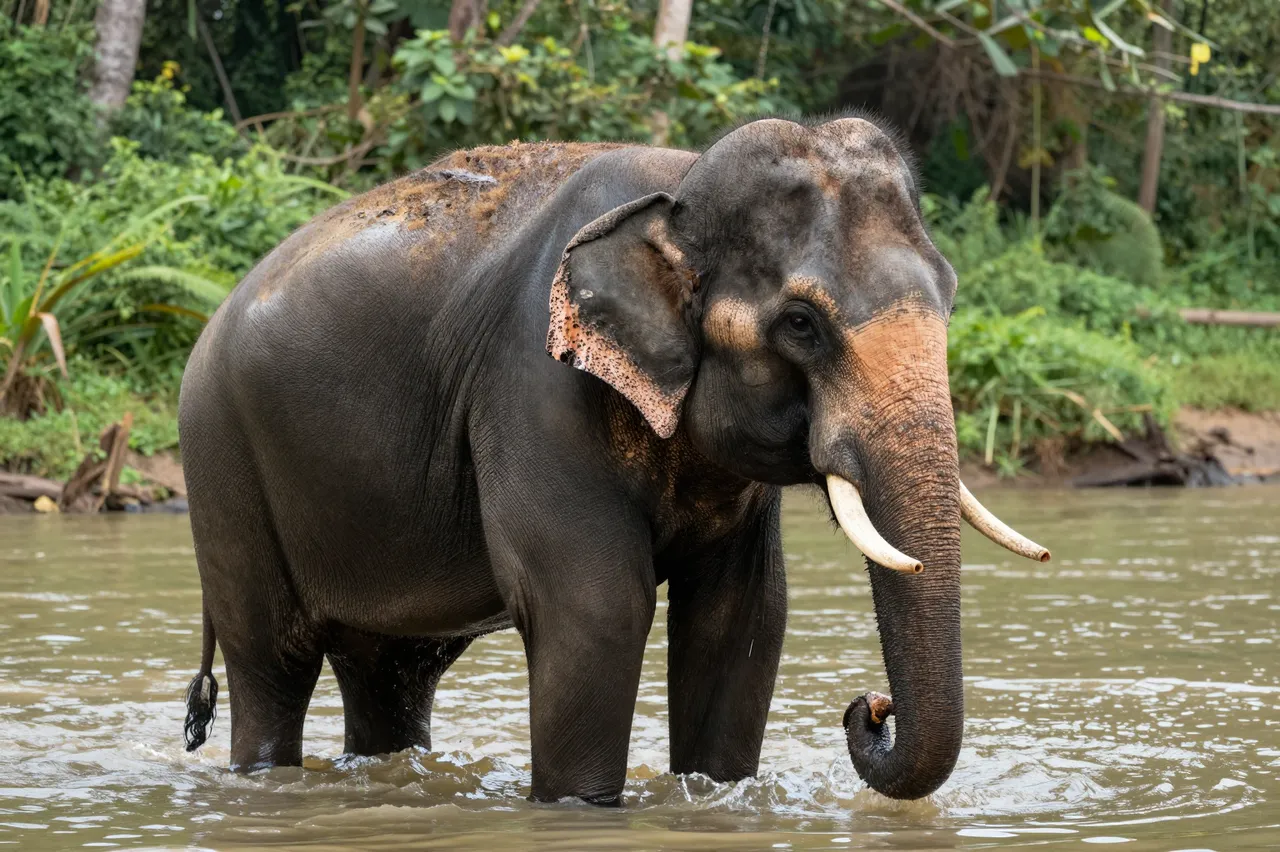 An Asian elephant with tusks stands partially submerged in a shallow jungle river beside dense green foliage.