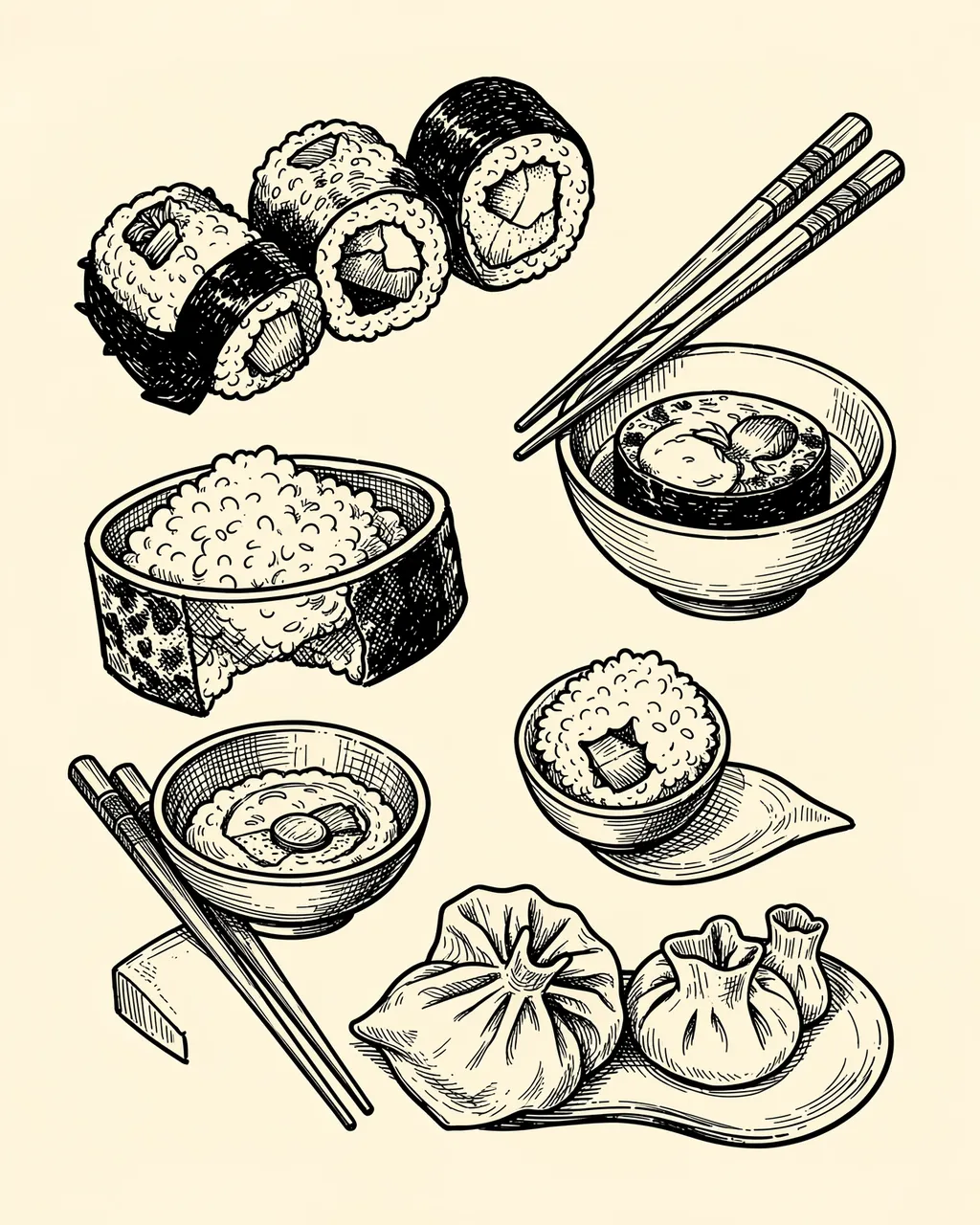 Black ink line doodles of sushi, dumplings, bowls and chopsticks arranged on a warm cream background
