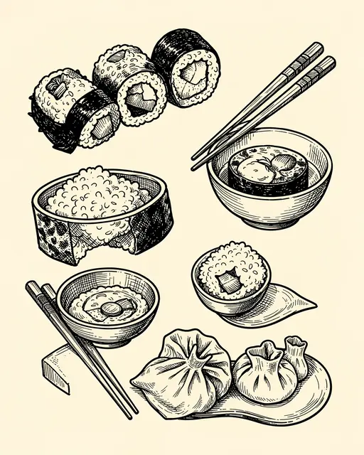 Black ink line doodles of sushi, dumplings, bowls and chopsticks arranged on a warm cream background