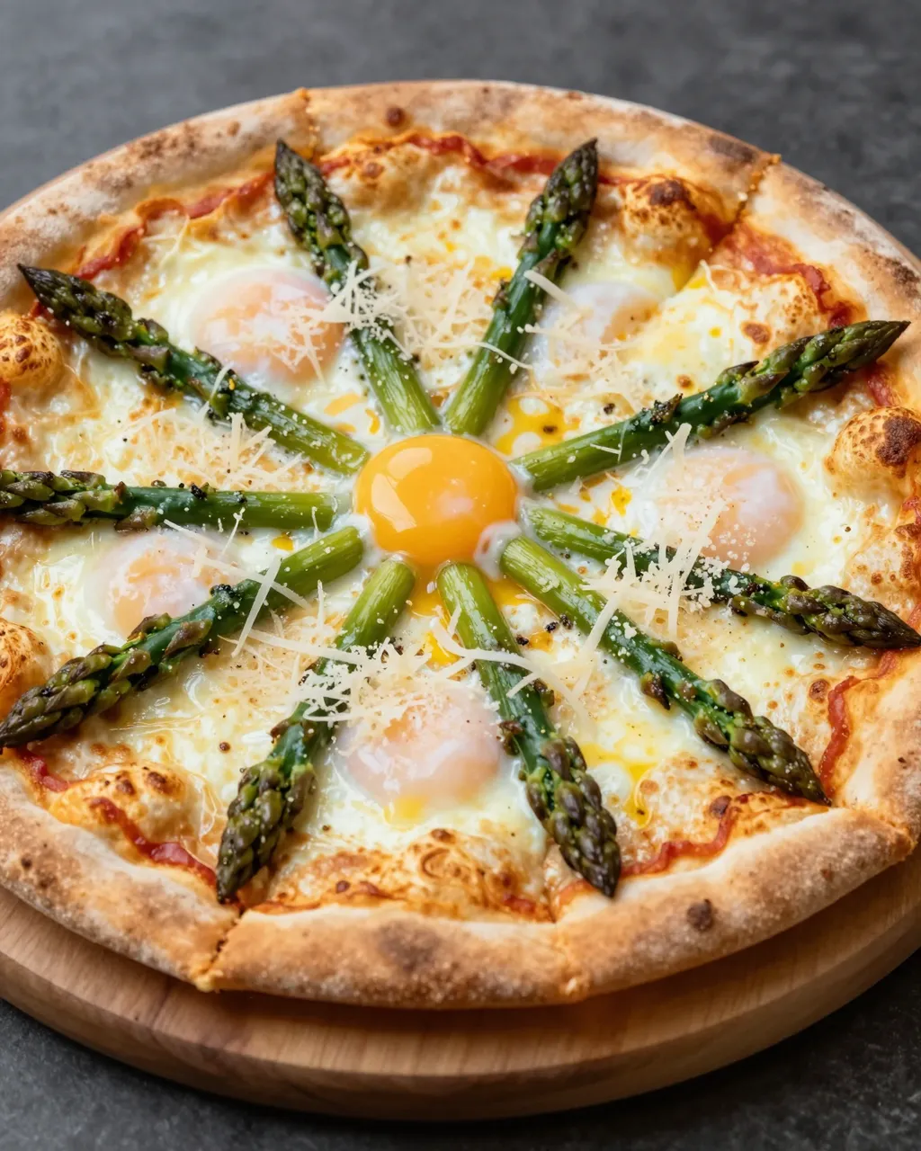 Wood-fired pizza topped with baked eggs, asparagus spears and shaved parmesan sits on a round wooden serving board.
