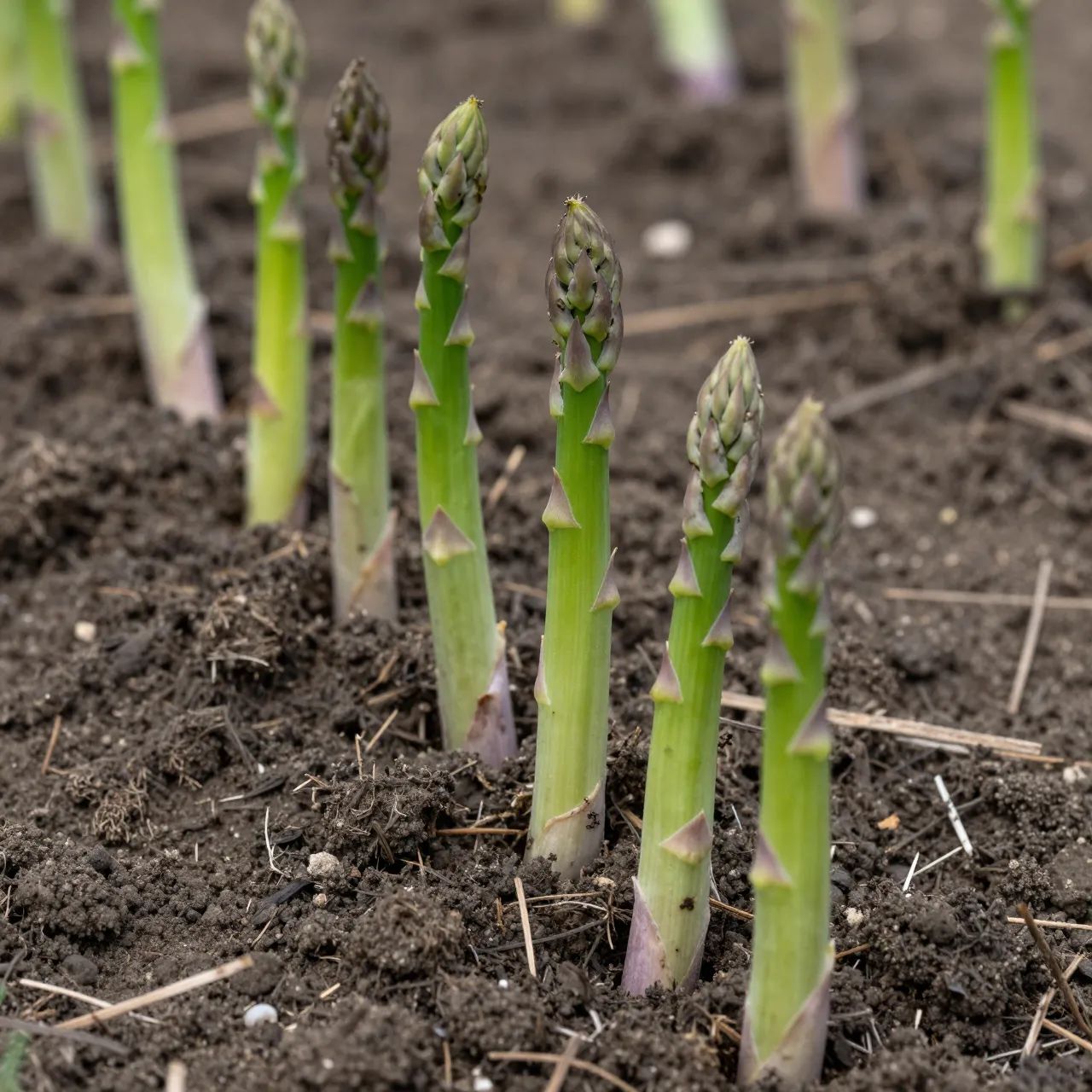 Fresh green asparagus spears push upward through dark crumbly garden soil in a planting bed