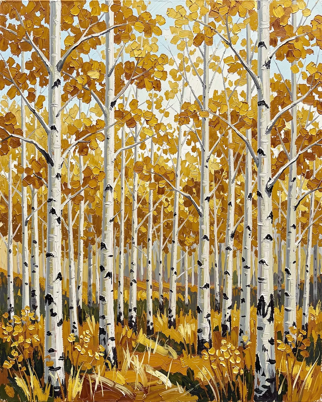 Impasto oil painting of an autumn aspen grove with white trunks and golden fall foliage