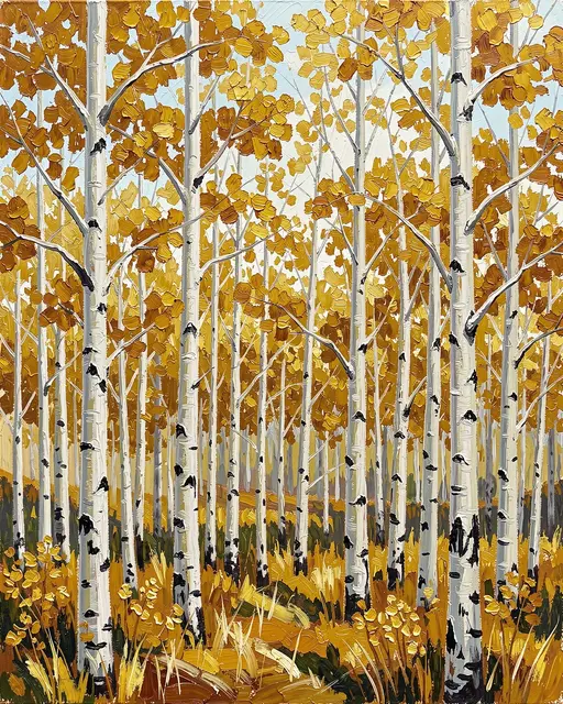Impasto oil painting of an autumn aspen grove with white trunks and golden fall foliage