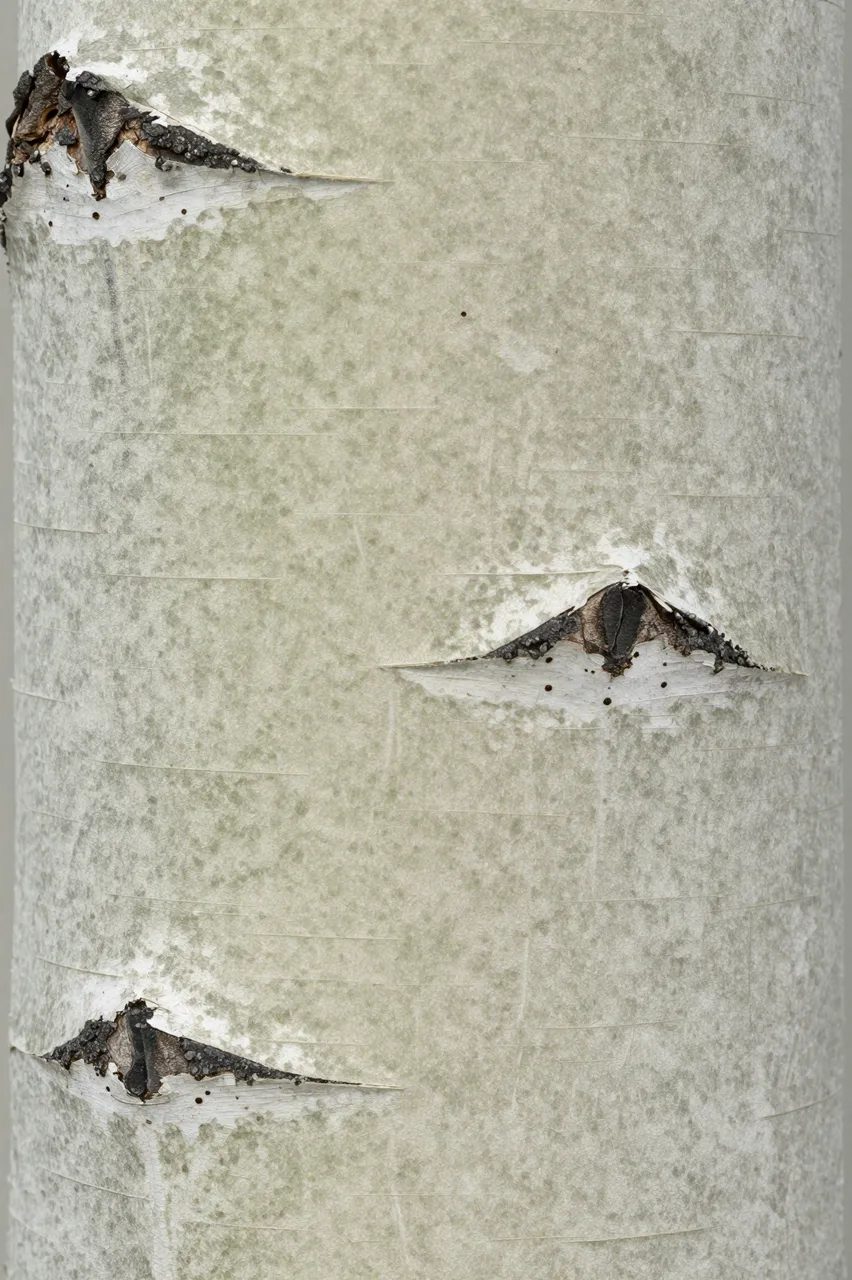 Full frame close-up of pale aspen bark marked with dark horizontal scar patterns