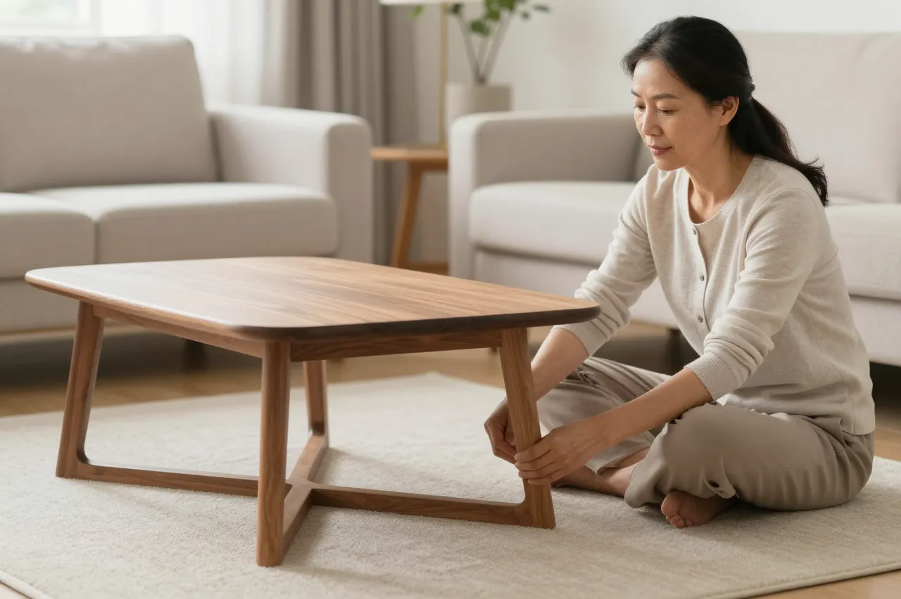 A middle-aged East Asian woman adjusts a wooden coffee table while seated on a living room rug.