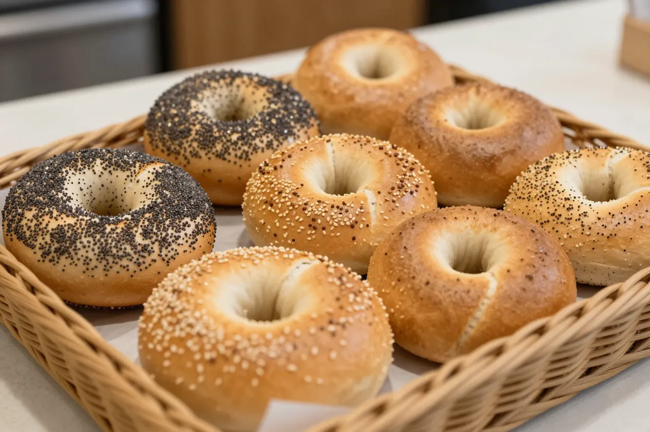 A wicker basket filled with assorted poppy seed, sesame, everything and plain bagels rests on a light kitchen countertop.