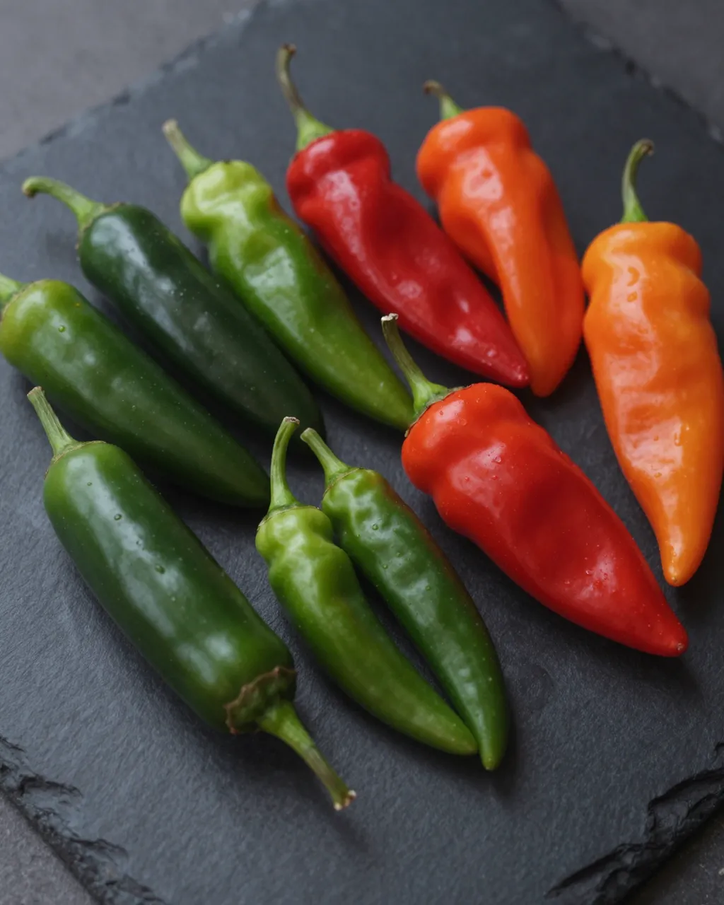 Mixed green, red and orange chili peppers arranged on a dark slate serving board