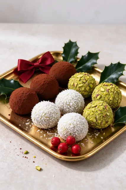 Festive coated chocolate truffles arranged on a small gold tray with holly and a red ribbon bow