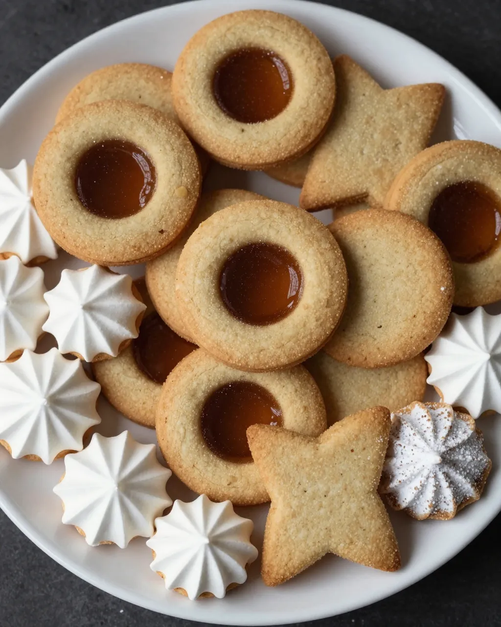Overhead view of assorted festive cookies including jam linzer and meringue treats arranged on a white plate