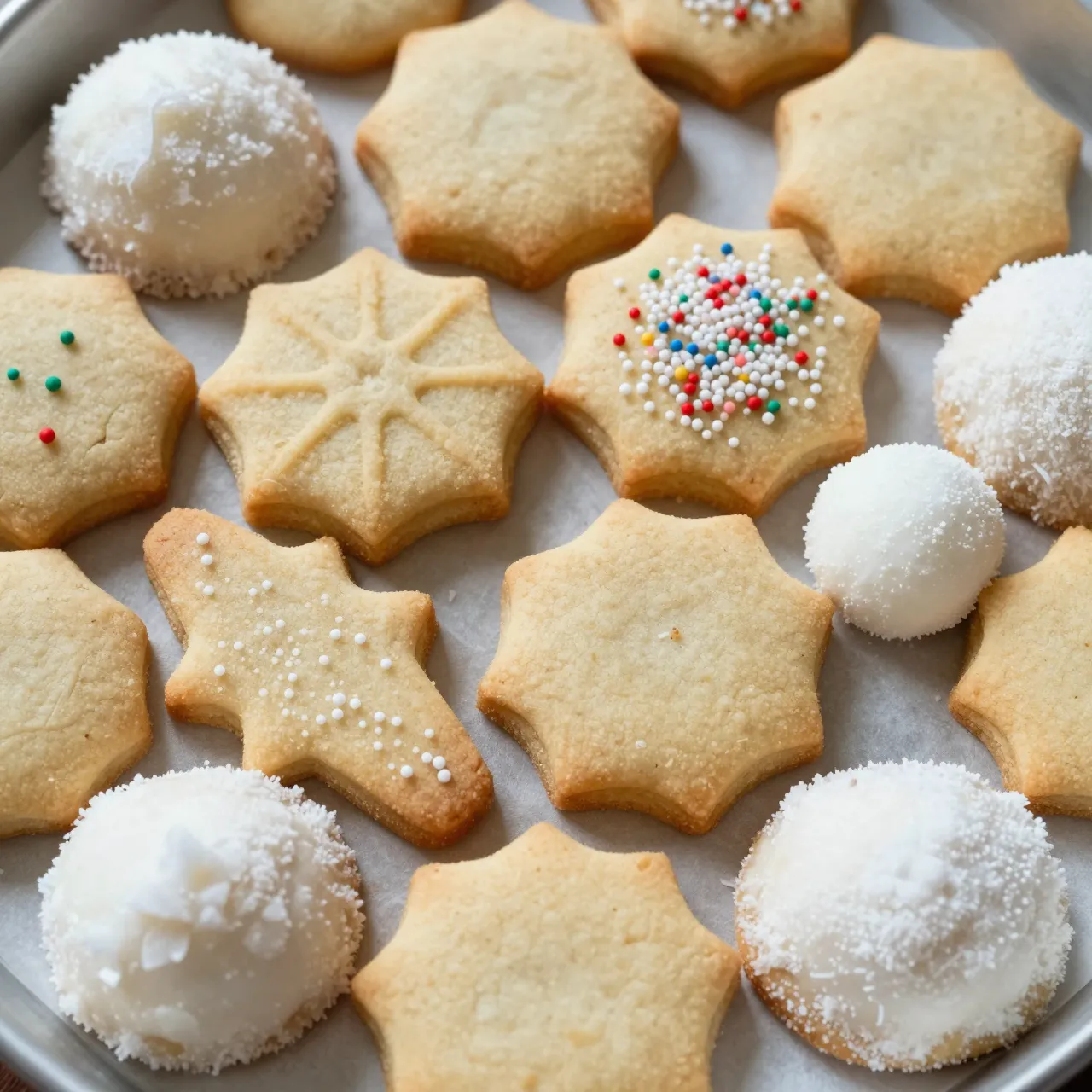 Top down view of a baking tray lined with parchment holding a variety of festive Christmas cookies.
