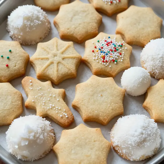 Top down view of a baking tray lined with parchment holding a variety of festive Christmas cookies.