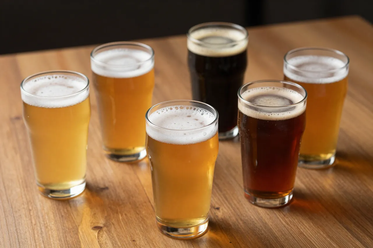 Six plain glasses of different colored craft beer with foam rest on a light wooden table