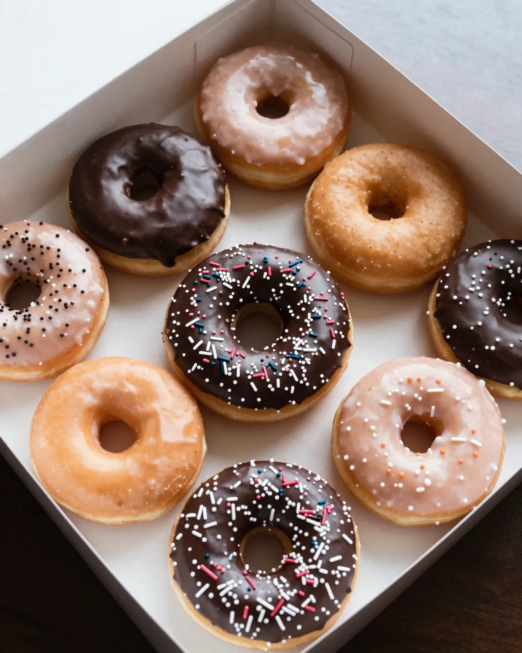Top view of assorted glazed, chocolate and sprinkled donuts arranged inside an open plain white takeout box