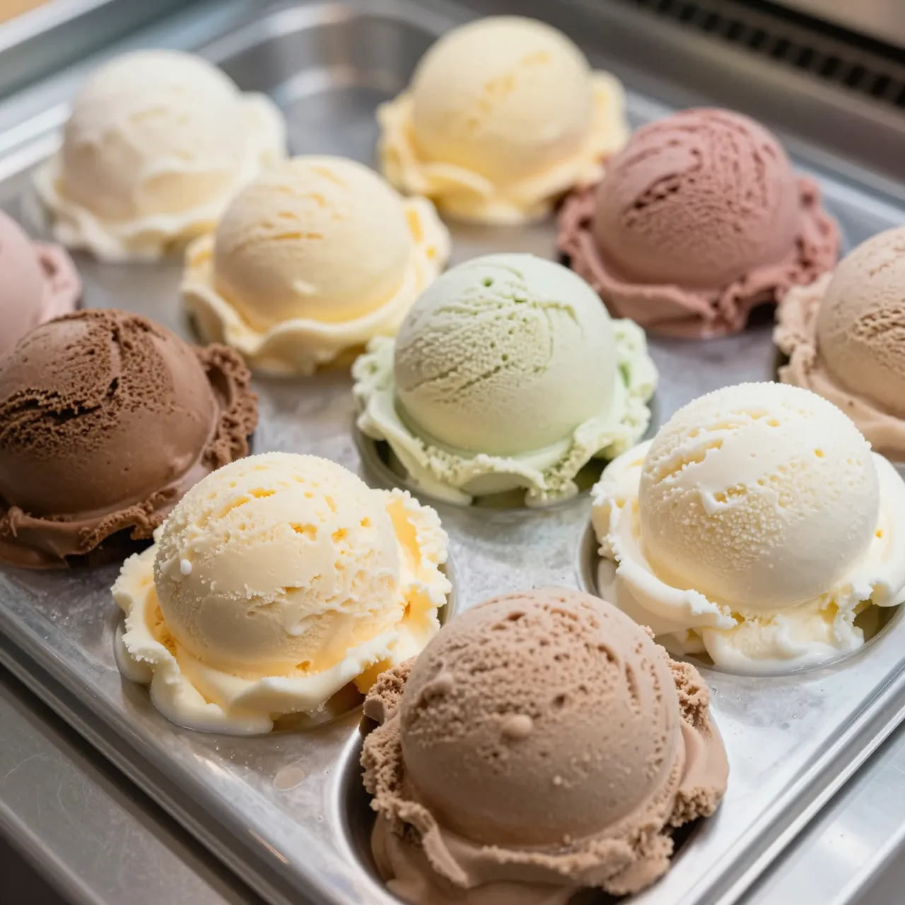 Top view of assorted flavored ice cream scoops arranged on a stainless steel tray