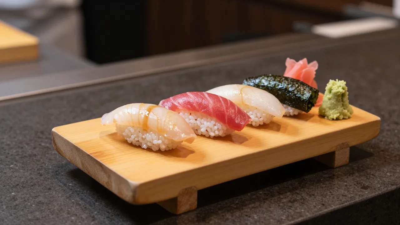 Four pieces of nigiri sushi with pickled ginger and wasabi arranged on a small wooden serving board atop a dark restaurant