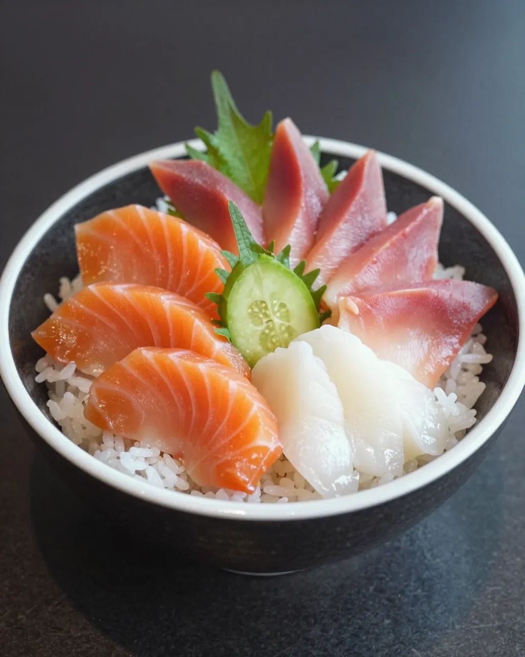 A close-up of a chirashi bowl topped with assorted sashimi over sushi rice on a dark table
