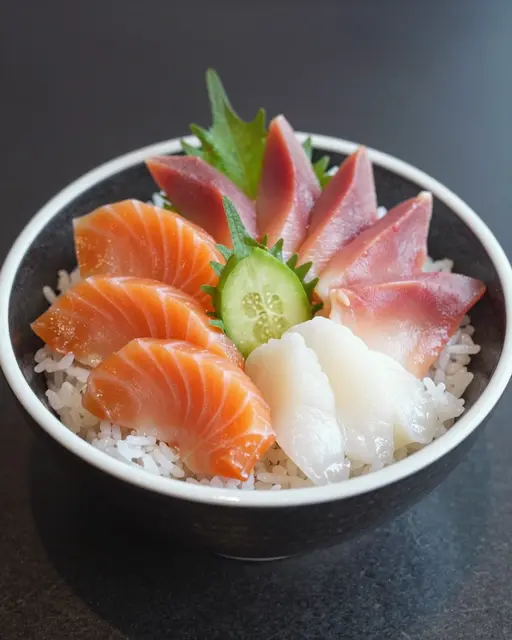 A close-up of a chirashi bowl topped with assorted sashimi over sushi rice on a dark table