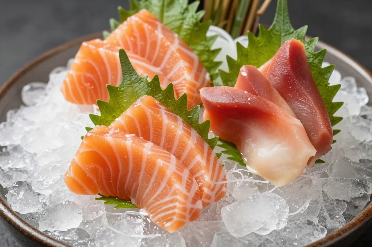 Salmon and tuna sashimi slices rest on crushed ice with shiso leaves in a ceramic serving bowl