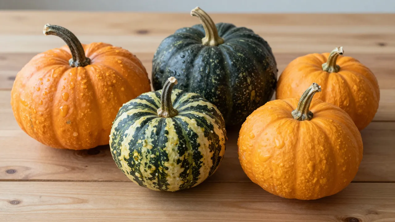 Five different types of fresh winter squash with water droplets rest on a light wooden table.
