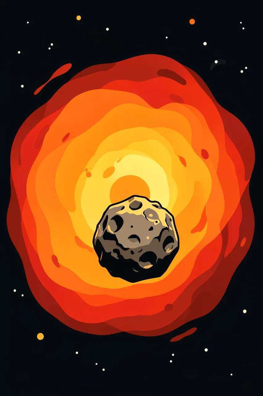 A lone cratered rocky asteroid sits in front of a bright layered orange nebula against dark starry space