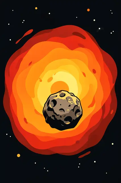 A lone cratered rocky asteroid sits in front of a bright layered orange nebula against dark starry space