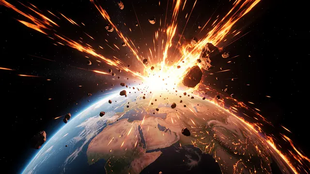A massive asteroid strike creates a blinding explosion sending molten debris outward from a planetary surface in deep space