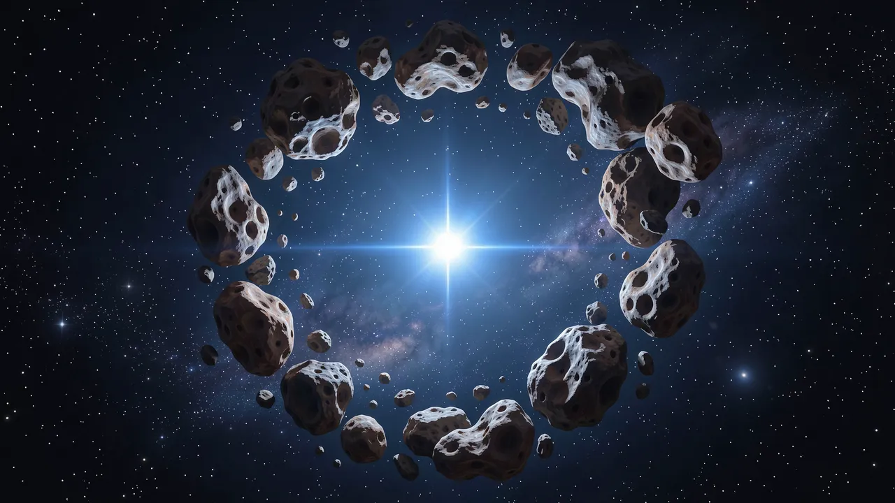 A ring of pocked drifting asteroids frames a bright blue-white star set in starry deep space