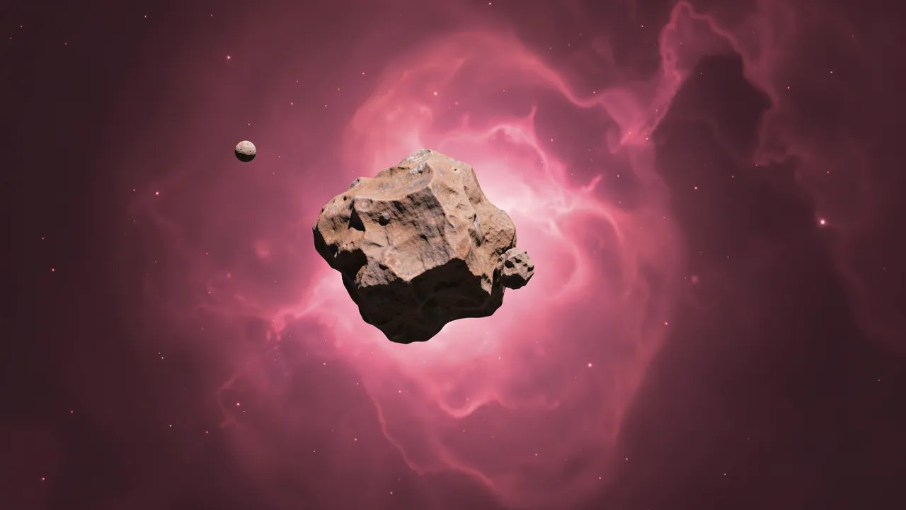 A rocky asteroid with two small orbiting moons floats in front of a swirling pink nebula in deep space