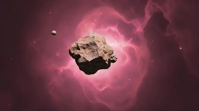 A rocky asteroid with two small orbiting moons floats in front of a swirling pink nebula in deep space