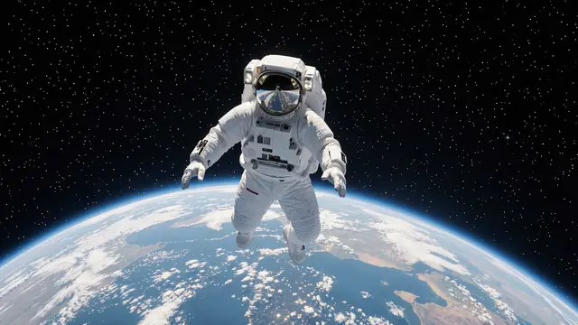 An astronaut in a white spacesuit floats in starry space above the curve of planet Earth.