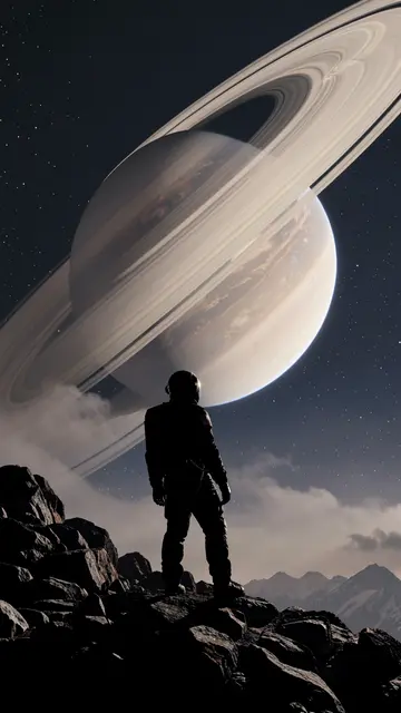 Silhouetted astronaut stands on a rocky alien ridge looking up at a giant ringed planet in a starry sky
