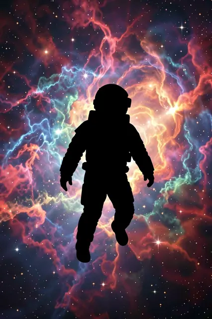 Black astronaut silhouette floats against a swirling vibrant colorful nebula and starry space backdrop