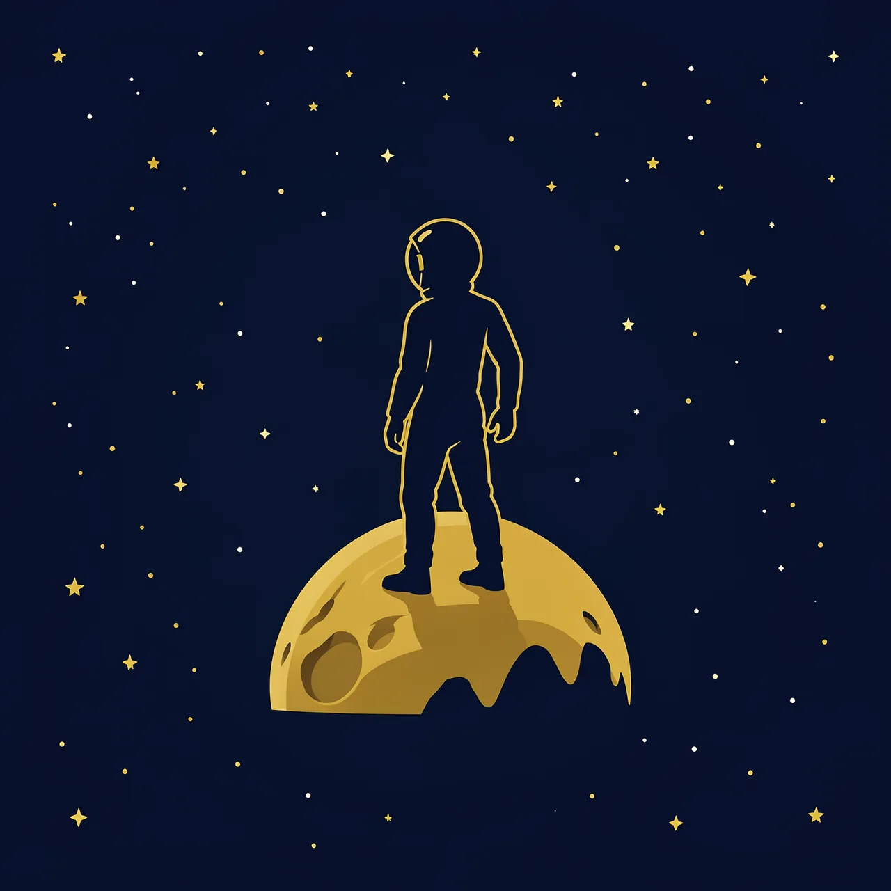 Golden outlined astronaut silhouette stands on a crescent tiny planet against a starry navy space background